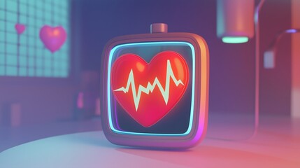 Medical Health Monitoring Device with Glowing Heart Rate Display in 3D Cartoon Style featuring Neon Colors and Holographic Elements