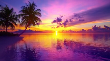 Serene tropical sunset over calm waters, with silhouetted palm trees and distant mountains