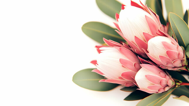 Pink Protea Flowers Bloom Beautifully on a Clean White Background with Green Leaves Gently