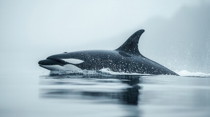 Fototapeta premium Black and white photograph of a killer whale leaping out of the water in the mist with a reflection