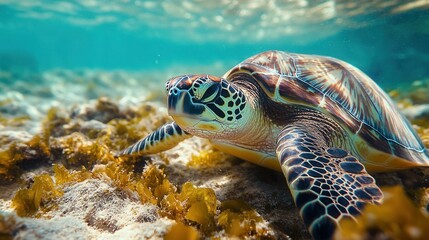 Fototapeta premium A sea turtle underwater among seaweed with a detailed shell
