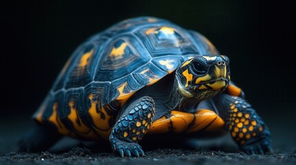 Highly detailed close-up of a land tortoise with an expressive shell and textured skin on a black background