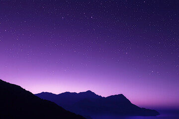 Serene twilight landscape with distant mountains under a starry sky, evoking tranquility and wonder