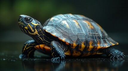 Highly detailed close-up of a land tortoise with an expressive shell and textured skin on a black background