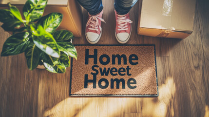 Welcome Home Doormat with Moving Boxes and Shoes