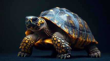 Obraz premium Highly detailed close-up of a land tortoise with an expressive shell and textured skin on a black background