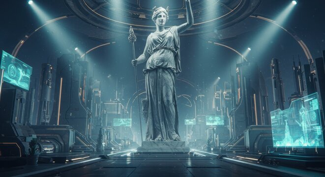 Futuristic athena statue in a high-tech sci-fi environment with digital displays