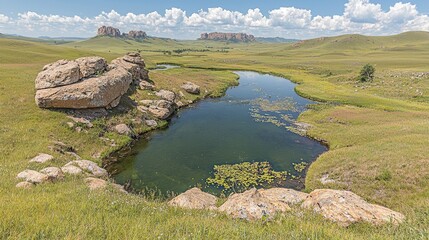 Tranquil valley pond, grassland, rocky hills, sunny day, nature landscape