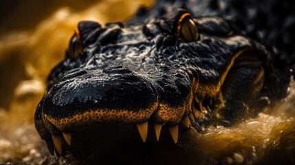 Fototapeta premium Close-up of an attacking crocodile with bright yellow eyes in water