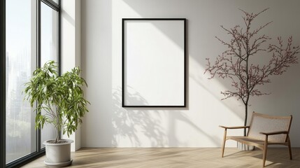 A minimalist room with a blank frame, a plant, a tree with pink blossoms and a chair