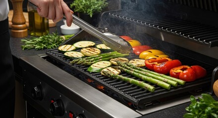 Grilled vegetables with smoke and spices on kitchen stove