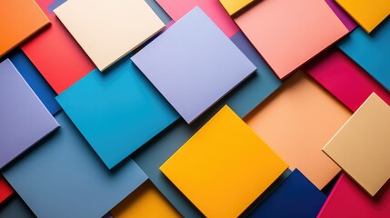 Colorful geometric arrangement of various square shapes creating a vibrant and dynamic pattern on a modern background suitable for artistic and design projects.