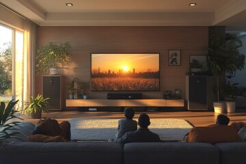 Family enjoying home theater system watching a beautiful sunset over a city skyline