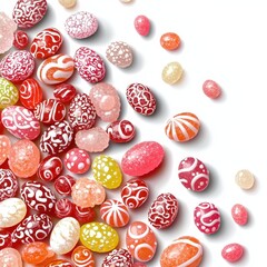 Vibrant jellybeans scattered in an artistic diagonal pattern on a white background creating a playful Easter design
