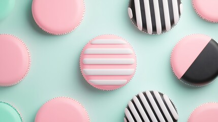 Obraz premium Colorful Macarons with Striped Patterns and Pastel Background for Modern Dessert Presentation