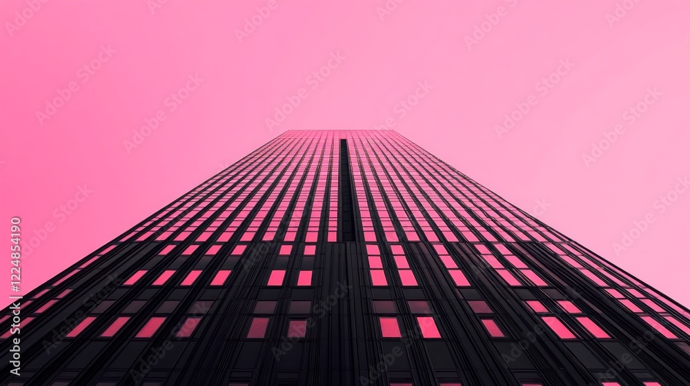 Poster reaching for the heavens, a striking black skyscraper stands tall against a vivid pink sky at dusk. 