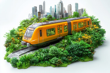 Urban train on lush island; sustainable transport.