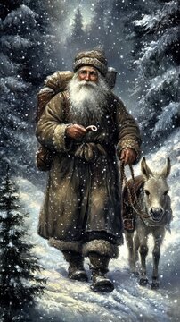 A picturesque scene of Olentzero, complete with a pipe and winter wonderland.