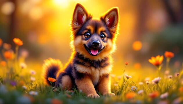 Adorable Puppy in Sunset Meadow Flower Field
