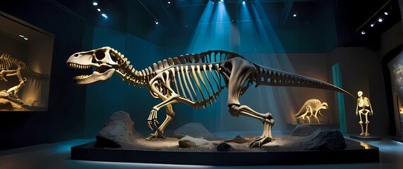 A captivating dinosaur skeleton in a dinosaur museum with engaging exhibit elements displaying...