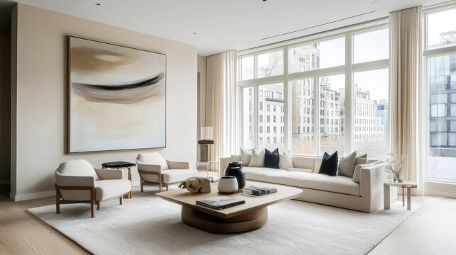 Minimalist living room with large abstract wall art and neutral toned furnishings in a modern home