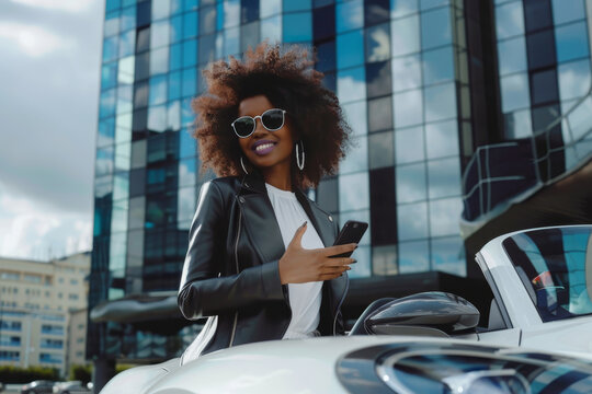 Una donna imprenditrice a bordo di un'auto sportiva di lusso, in piedi davanti a un imponente edificio aziendale, con un sorriso determinato e uno smartphone in mano