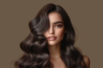 portrait of young brunette woman with long beautiful curly hair and wavy hairstyle