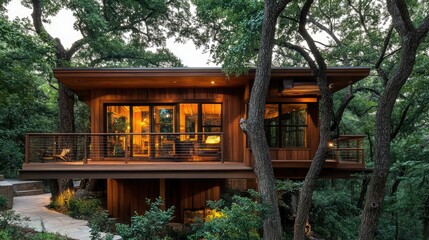 A wooden cabin surrounded by trees, showcasing rustic architectural design and nature