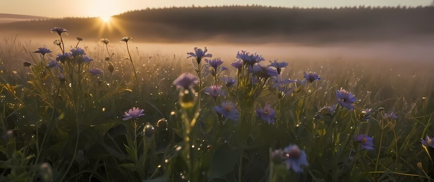 A captivating close up of dew kissed wildflowers in a field glistening in the soft light of dawn