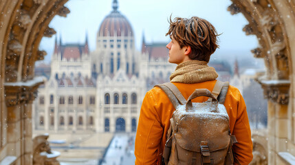Fototapeta premium Tourist gazing at snowy Parliament, Budapest