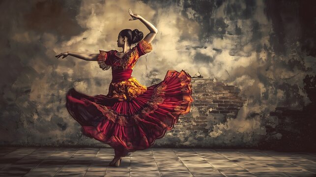 Passionate flamenco dancer in flowing red dress performing dramatic traditional dance, artistic photography with atmospheric lighting and dynamic movement against textured backdrop