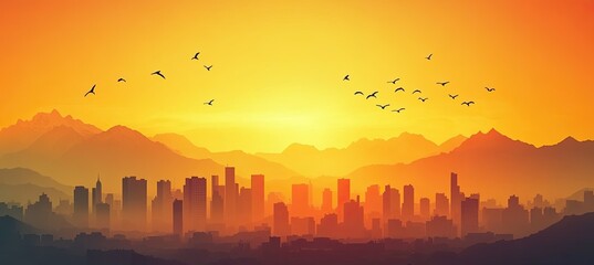 Fototapeta premium Background of the city skyline at sunset, with orange and yellow hues, silhouettes against mountains, bird flocks flying in the sky