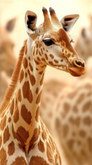 Naklejka premium Giraffe standing amidst a herd in a sunlit savanna during the early morning hours showcasing feeding behaviors and interactions