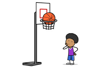 Fototapeta premium Junge schaut fragend zu Basketball, der in Korb stecken geblieben ist