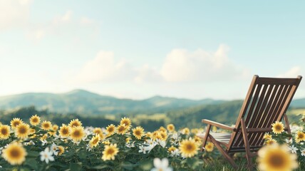 Serene Summer Day Wooden Chair in Sunflower Field with Mountain View