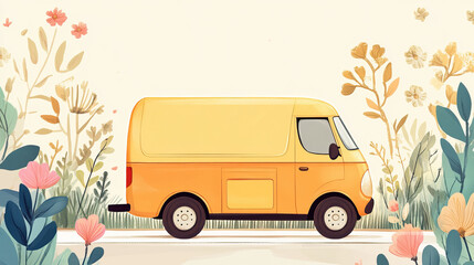 Vintage yellow van with floral background - retro travel adventure concept