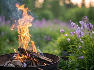 Panoramic Campfire Double Exposure: Burning Woods & Lilac Flowers