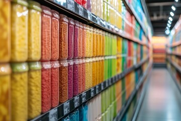 Obraz premium Colorful pasta displayed on supermarket shelves filling the aisle