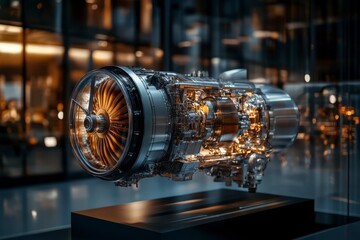 Fototapeta premium Innovative aircraft engine design showcased in a futuristic exhibition space with brilliant lighting and intricate details. Generative AI