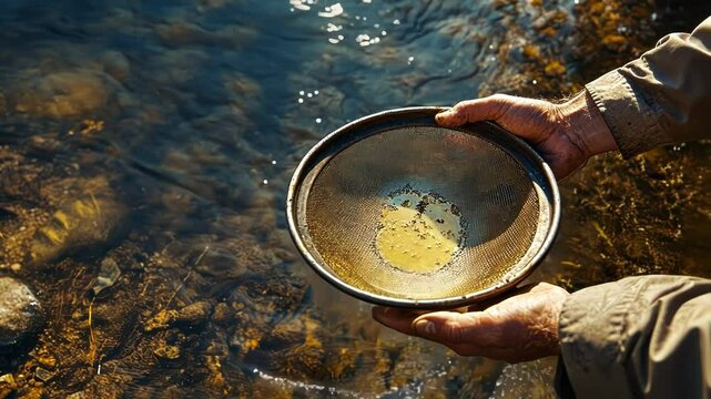 Hands holding a sifter over shimmering water, searching for treasure.