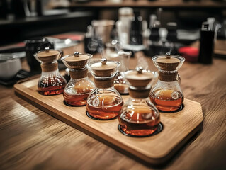 Steaming Tea Presentation on Wooden Tray: A Cozy Cafe Scene with Aromatic Beverages