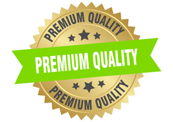 premium quality. premium quality round green and gold label isolated on transparent background