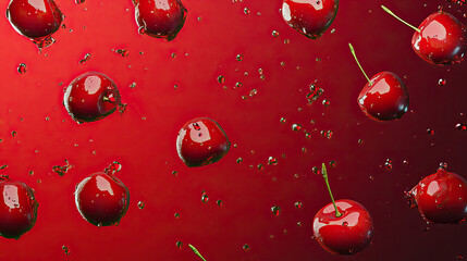 Fototapeta premium Fresh cherries with water droplets on vibrant red background