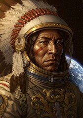 Astronaut with feathered headdress and traditional face paint gazes at earth