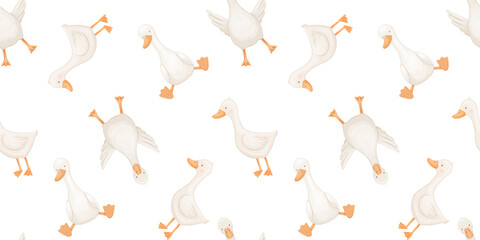 Seamless pattern with cute goose character, baby animal, watercolor illustration, hand drawn illustration for kids © Elena