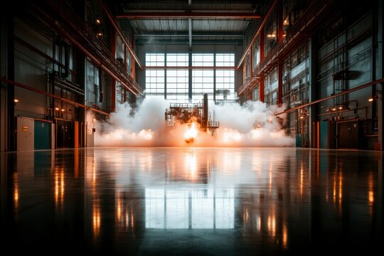 Ignition test of a rocket engine inside a large industrial facility with reflections on the wet floor. Generative AI