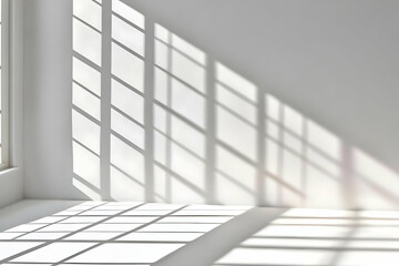 Bright sunlight streams through a window, casting geometric shadows on the white wall and floor.