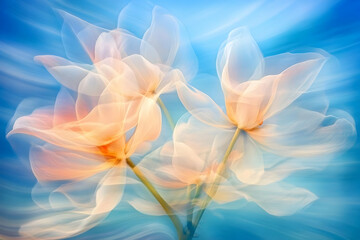 Abstract Flowers Bloom Gracefully Against a Blue Sky Background, Creating a Dreamlike Ambiance.