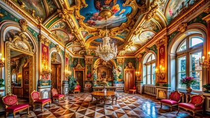 Obraz premium Panoramic Ethnic Baroque Design: Opulent Ornate Interiors & Architectural Detail