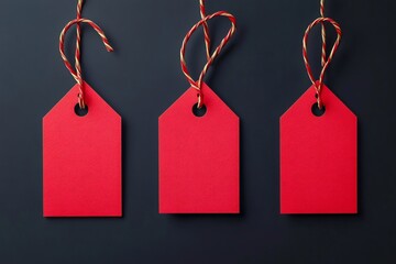 Three red hanging tags on dark background for sales promotion